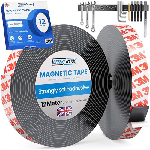 EFFEKTWERK - Magnetbandrolle - 12 Meter - Extra dicke und breite Magnetstreifen mit starker selbstklebender Rückseite - Einfach zu schneiden und auf flache Oberflächen zu kleben