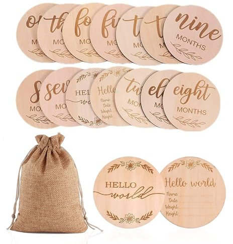 14 PiezasTarjetas de Hitos y Discos de Madera para Accesorios Fotográficos y Decoración (Bolsa Incluida)