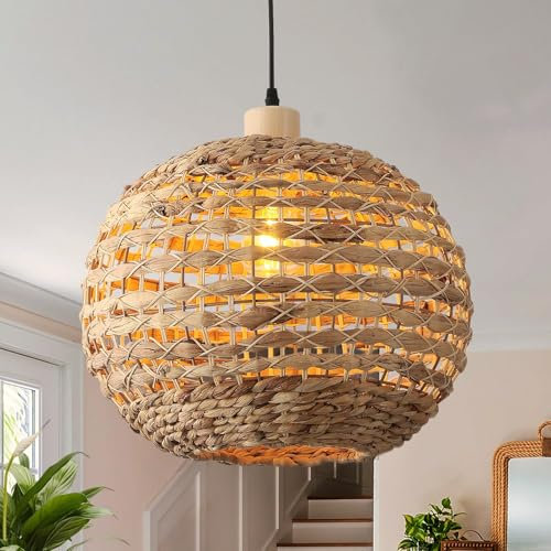 Schindora Boho Lampenschirm KüChe Insel Seegras Weben Lampe Schatten HäNgelampe Befestigung FüR Esszimmer 40Cm Hand-Gewebter HäNgende Deckenleuchte FüR Wohnzimmer Schlafzimmer