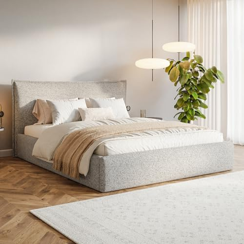 MOTIVENA Leno Bett 200x200 Beige Strukturstoff, mit Stauraum, mit Kopfteil, mit Lattenrost, ohne Füße, ohne Matratze, Polsterbett 200x200 mit Bettkasten Beige (Mix)