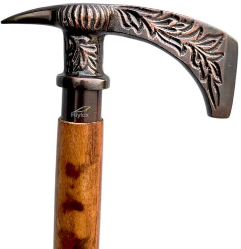 Riylox Vintage Walking Cane, Decorative Wooden Staff with Carved Axe Handle, Handmade Collectible Walking Stick Cane for Man and Women Unique Designer Collectable Gift.