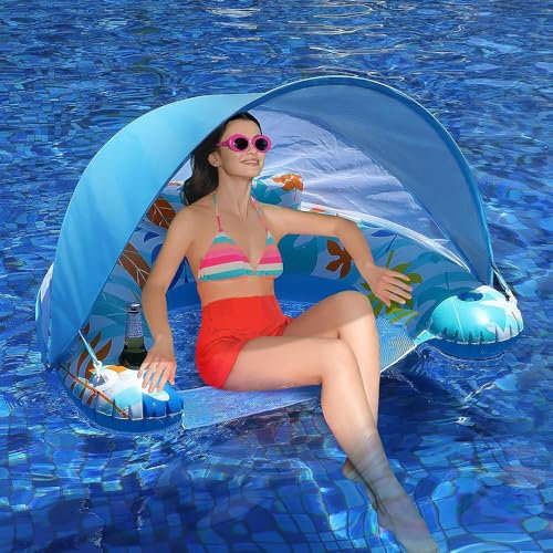 Blissbuilt Flotteur Gonflable Piscine,Chaise Longue Gonflable en Forme de U avec Parasol et Double Porte-gobelet,Portable Flotteur Ultraléger Piscine pour Adultes Jardin,Plage,Piscine 95 * 80 * 50CM