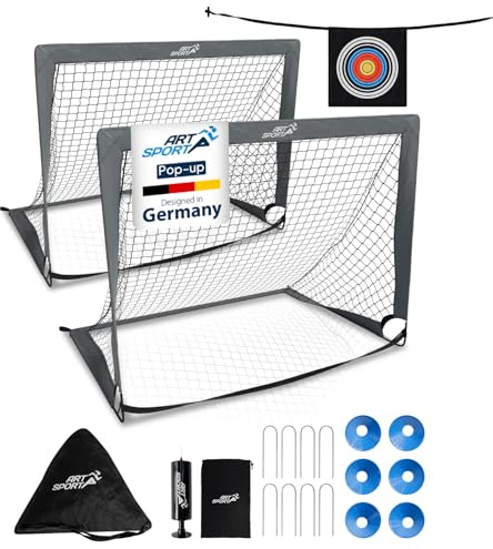 ArtSport Pop-up Fußballtor Goal Master - 2er Set mit Zubehör - faltbar & schnell spielbereit - 2 Fußballtore Indoor & Garten - Fußball Tor - Grau