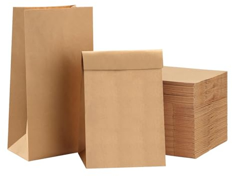 100 Stück Papiertüten Klein 13x8x24cm Braun Geschenktüten | Flachbodenpapiertüten, Stabil und haltbar, lebensmittel papiertüten, Bulk, DlY, Weihnachten Adventskalender