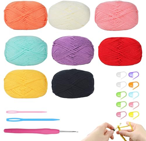 PLATEYTR Filato per Uncinetto colorato 8 gomitoli 50g ciascuno Filato Spesso Misto Cotone Nylon con Uncinetto 3mm e Accessori Set principiante per lavori Fai da Te Uncinetto Creativo Regalo Perfetto