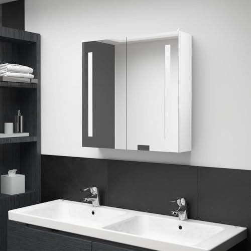 ULUYYUC LED Spiegelschrank Weiß Hochglanz 62x14x60 cm MDF Badezimmerschrank mit Beleuchtung und 3 Böden Modernes Design für Bad Gäste WC und Flur