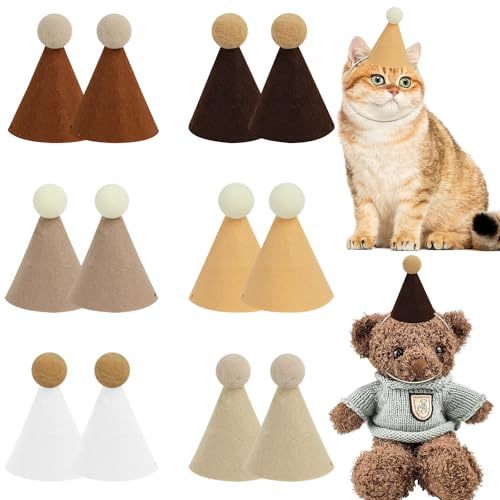 LARDUX 12 pcs mini part hats for toy stuffed animals,mini birthday party for teddies,fabric teddy pastel cute girls birthday party hats, Reusable Decorations for Kids Adults (Brown)