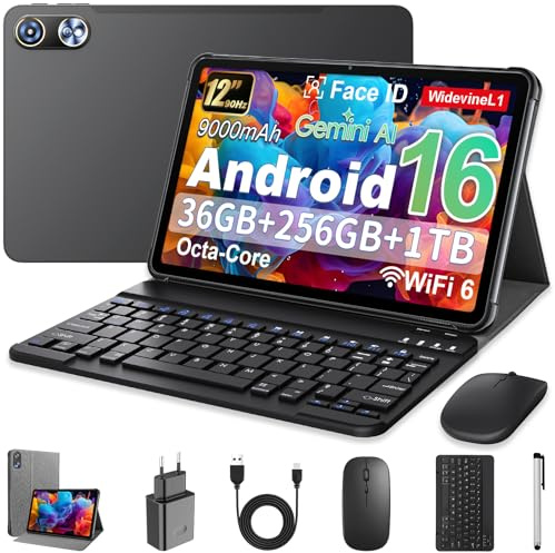 Android 16 Tablet 12 Pollici con Gemini AI, Tablet con Cover, Tastiera & Mouse, Unisoc T7250 Octa-Core, 36 GB RAM + 256 GB ROM + 1 TB TF, 1920x1200 Display HD, Fotocamera Doppia 8MP + 20MP, 9000 mAh