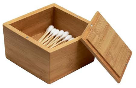 Fhlprte Wattestäbchen Box,Bambus Wattestäbchen Ordnungsbox,8.5 X 8.5 X 4 CM Kleine Schminktisch Organizer,Magnetverschluss Mit Deckel,für Badezimmer, Schlafzimmer, Waschbecken