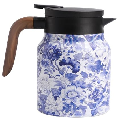 1000ml Isolierkanne Edelstahl,Isolierte Thermokanne Mit Teesieb, Thermo Kaffeekanne Mit Vintage Blumenmuster