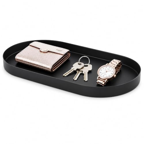Punorric Oval Key Tray Metal Key Bowl For Hallways, Black Valet Perfume Tray Storage For Keys, Coins, Candle, Ornament, Perfume, Trinket, Bathroom Countertop Storage, Coffee Table Decor