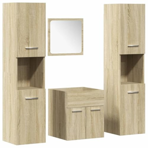 Roanoer Badmöbel-Set Sonoma-Eiche 4-TLG: Waschbecken- & Badezimmerschrank 41x38,5x46 cm & 30x30x130 cm Holzwerkstoff platzsparend