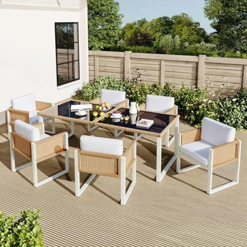KOMHTOM Salon de Jardin 7 Pièces, Ensemble Repas en Résine Tressée avec Table en Verre Trempé 170 cm et 6 Chaises, Coussins Lavables, Pieds Réglables(Ensemble Repas (7 Pièces) - Blanc/Marron)