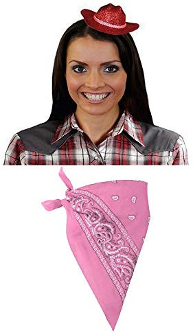 Ilovefancydress Mini-Cowgirl-Hut mit rosafarbenem Paisley-Bandana, ideal für Westernpartys oder Junggesellinnenabschiede, Rot, 6 Sets