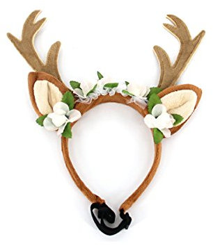 PETCUTE Hundezubehör - Geweih Haarreif Kinder Katze Haustier Haarreif Rentier mit Ohren und Blüten REH Kopfbedeckung Weihnachten Motto Party Karneval Halloween Osterfest