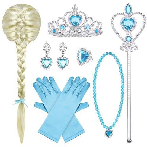 Vicloon ELSA Prinzessin Verkleiden,Zauberstab Mädchen, Ohrringe, Ringe,Upgrade Prinzessin Tiara Braid Set von 9 Faschingskostueme Kinder