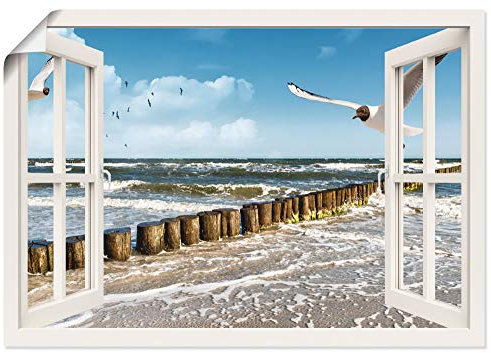 ARTLAND Wanddeko Poster & Kunstdrucke Wandposter 100x70 cm Fensterblick Fenster Strand Meer Maritim Ostsee Möwe Himmel T5QT