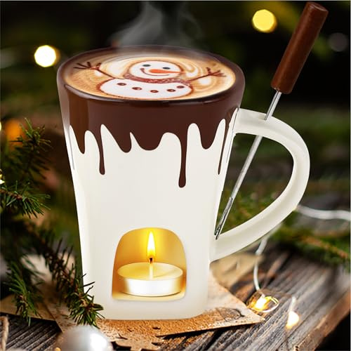 Bakuva Hot Chocolate Fondue Mug Set – Ceramic Chocolate Melting Fondue Cup with Fork and Tealight, Personal Cheese,Sweet Caramel Melting and Butter Warmer Pot Gift Set for Christmas, Birthday,Wedding