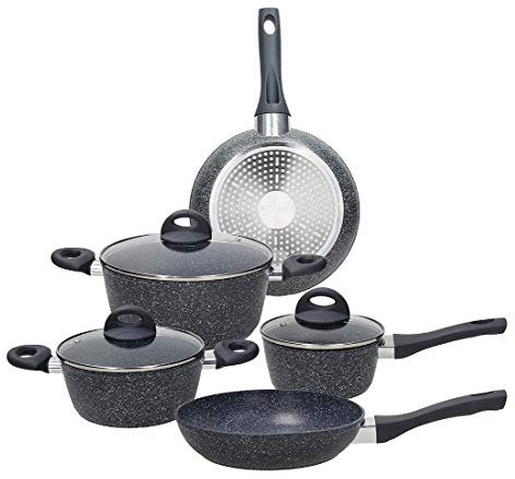 Tognana Opal Black, Batteria di pentole e padelle, Set con 2 padelle, 3 casseruole, 3 coperchi trasparenti, 8 Pezzi, Alluminio, Nero