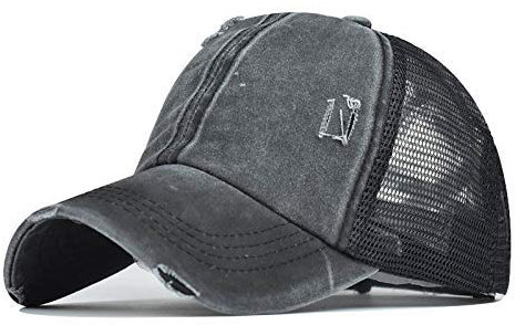 Distressed Criss-Cross Messy-High-Bun Pferdeschwanz-Mütze - Vintage Baseball Cap Ponycap Dad Hut für Frauen - Grau - Einheitsgröße