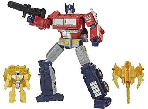 Transformers Netflix War for Cybertron Trilogy Voyager Class Optimus Prime Battle 3-Pack with Enerax and Sheeldron