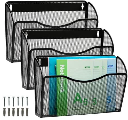ESYLIFE 3 Pocket Hanging File Organiser, Wall Mounted Magazine File Holder, Wall Magazine Rack, A4 Paper Storage Letter Shelf, Set of 3, Black