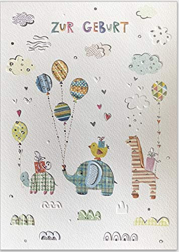 DinA 5 Glückwunschkarte zur Geburt mit Umschlag - hochwertige große Karte von Turnowsky mit süßer Tier-Parade und Luftballons