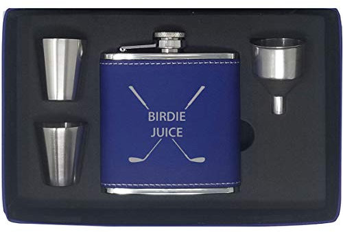 Birdie Juice Flask, Funnel, Shot Glasses, and Gift Box - Golfing Birdie Juice Hip Stainless Steel Leatherette Metal Matte 6-Ounce Golf Bag Flask (Blue)