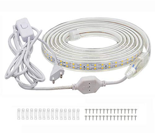 FOLGEMIR Tira de LED con interruptor 8m Blanco Frío, 2835 SMD 180 Leds/m, 220V 230V strip, iluminación muy brillante, IP65 Impermeable para Jardín Fiesta Boda