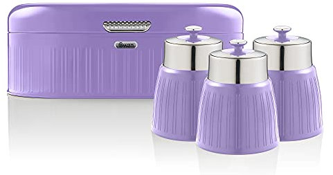 Swan Retro Bread Bin and Canisters Set in Purple, Handy Storage, Generous Capacity, Chrome Details, STP1024PURN