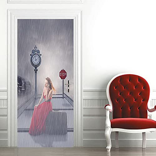 A.Monamour Türtapete Selbstklebend Türfolie Türposter 3D Eine Frau, Die An Einem Regnerischen Tag Am Bahnhof Zum Zug Sitzt Vinyl Folie Türdeko Tapete Wandbild Türaufkleber Türtattoo 85 x 215 cm