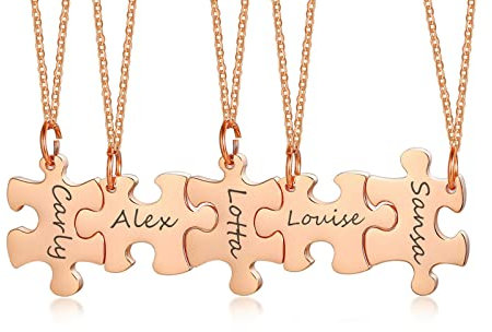 Personalised Best Friend Necklace - Customised Stainless Steel Puzzle Name BFF Necklace for 5, Rose Gold Jigsaw Matching Necklaces for Women Girls, Friendship Necklace Gifts for Birthday Christmas