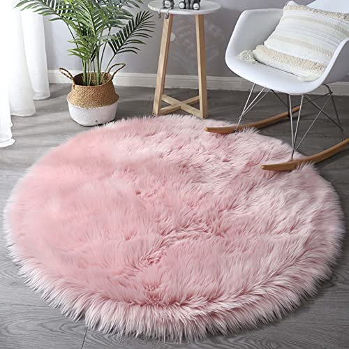 Faux Lammfell Schaffell Teppich 30cm, Super Weicher Kunstfell Teppich, Shaggy Flauschig Lange Haare Fell Optik Nachahmung Wolle Bettvorleger Teppich, Rund