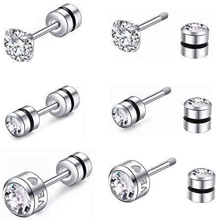ZOCOYUU 3 Pair Surgical Steel Screw Back Cubic Zirconia Stud Earrings Set for Women Girls, Hypoallergenic 20G Helix Piercing Jewelry Cartilage Earrings for Sensitive Ears (3 Pairs Silver(4mm,5mm,4mm))