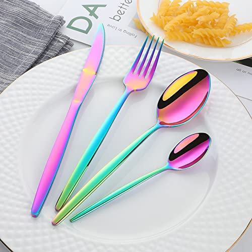 Buyer Star 4-teiliges Regenbogen-Besteck-Set, Besteck mit Gabel, Löffel, Messer, Service für 1 Person, spülmaschinenfest, leicht zu reinigen