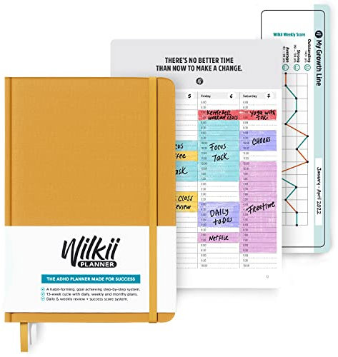 Wilkii ADHS-Planer für Erwachsene – 90-Tage-, A5-, undatierter Wochen- und Tagesplaner zur Steigerung der Produktivität und zum Erreichen von Zielen, weicher Stoffbezug, Gelb