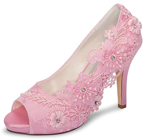 Emily Bridal Scarpe da Sposa con Tacco Alto in Pizzo con Punta Aperta (EU39, Rosa)