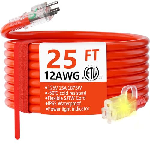 12/3 Gauge Heavy Duty Outdoor Extension Cord 25 ft Waterproof with Lighted end, Flexible Cold-Resistant 3 Prong Electric Cord Outside, 15Amp 1875W 12AWG SJTW, Orange, ETL HUANCHAIN