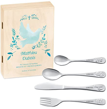 Maverton Set de couverts enfant - cadeau personnalisé pour garçon - Coutellerie dans coffret imprimé - Couverts Thème Animal - Cadeau bapteme garcon - Cadeaux bébé - Couvert bebe - CITATION