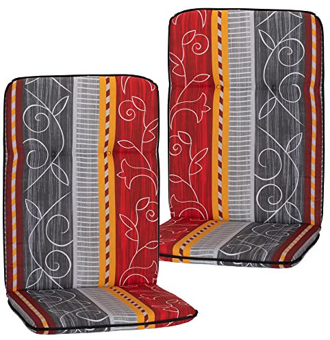 NYVI Hochlehner Auflagen Hawaii 2er Set - 114x47 cm Grau Rot Gelb Ranke - Gartenmöbel Auflage mit 5 cm Polster und Gummi-Halteband