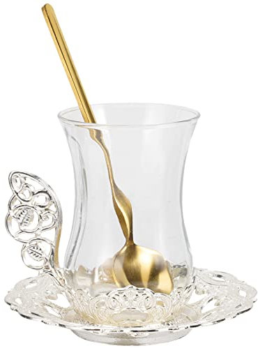 Zerodeko 1 Set Set Tè Turco Tazza Con Piattino E Cucchiaio Vintage Fatto A Mano Set Tè In Tazza Tè In Set Per L'ora Tè Argento