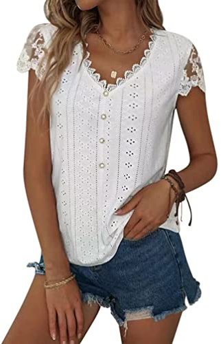 Minetom Chemise Femme Dentelle T-Shirt Été Manches Courtes | Tee Shirt, Col V, Élégant Tops, Casual Haut, Couleur Unie, Chemisier, Blouse, Léger et Confortable