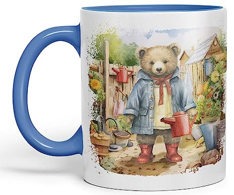 Vixar Teddy Bear Gardener Women Garden Ceramic Mug Coloured Mug Cup Gift Birthday Work Office Tea Coffee (C Blue)