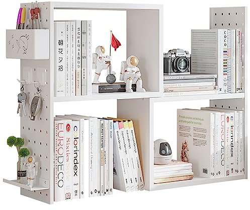 NUODWELL Wooden Adjustable Bookshelf Desktop Bookcase with Pegboard, Expandable Desk Display Shelf Rack Storage Office Supplies Books Cosmetic Makeup for Office & Home(TS10 White)