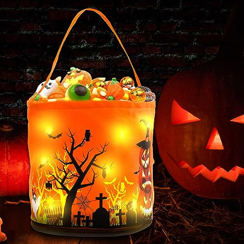 mizikuu Süßigkeiten Tasche Halloween, Halloween Kürbisbeutel mit LED Tragbare Halloween Candy Bag mit Griffen Trick or Treat Taschen für Halloween Snacks Goodie Süßigkeiten Party Gefälligkeiten