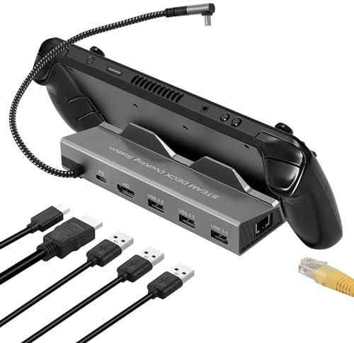 Docking Station for Steam Deck, 6 in 1 Steam Deck Dock with HDMI 4K@60Hz, Gigabit Ethernet 1000Mbps, 3 USB-A and 100W USB-C Charging Port Compatible with ROG Ally/Valve Stream Deck Hub Accessories