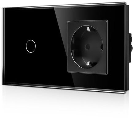 CNBINGO Glas Lichtschalter und Schuko Steckdose Unterputz – Touch Lichtschalter mit LED Status – Wandschalter mit Glasrahmen – 1 Fach Schwarz
