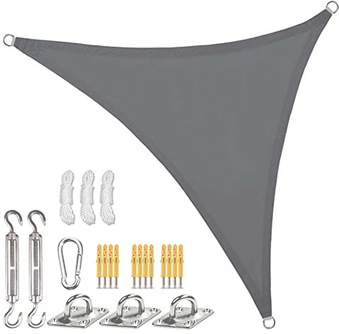 Sunal Sun Shade Sail Waterproof 5×5×5m with Installation Fixing Kit, Triangle Outdoor Garden Shade Sail Canopy,PES Polyester and Tear Resistant,Sail shade for Outdoor Garden Party Backyard Lawn,Grey