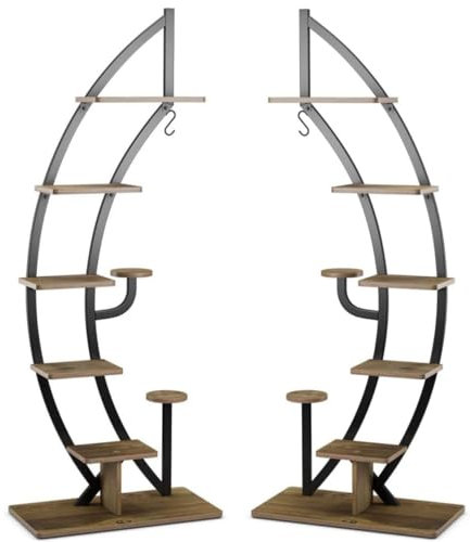 SPOTRAVEL 8-Tier Plant Stand, Tiered Half Moon Shape Ladder Flower Stand with Hook and Anti-Toppling Device, Metal Frame Curved Flower Pot Rack for Living Room Bedroom Balcony (2 PCS, Brown + Black)