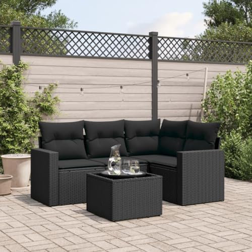 KOIECETA Gartenmöbel Set 5-TLG. Garten-Sofagarnitur mit Kissen Gartengarnitur Schwarz Poly Rattan
